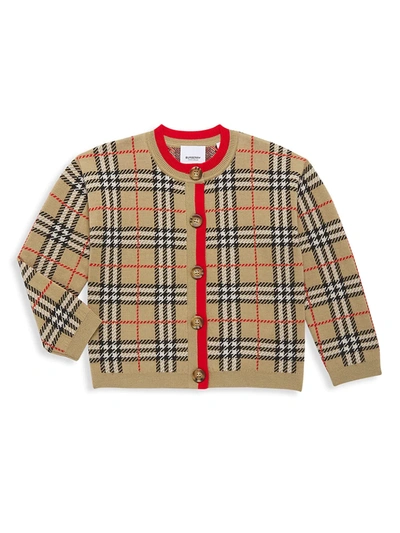 Shop Burberry Little Girl's & Girl's Merino Wool Check Cardigan In Beige
