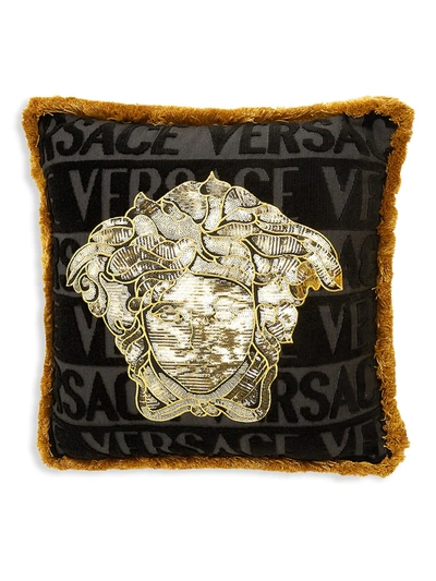 Shop Versace Logomania Medusa Cushion In Black Gold