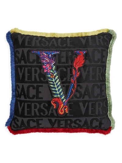 Shop Versace Virtus Fringe Cushion In Black Multi