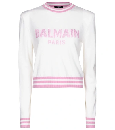 Shop Balmain Logo Wool-blend Sweater In White