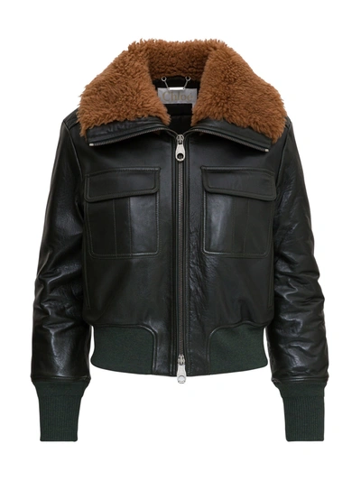 Shop Chloé Leather Aviator Jacket With Shearling Collar In Green