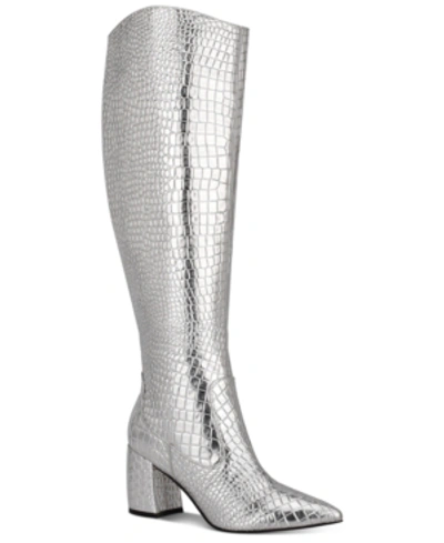 Shop Marc Fisher Retie Knee-high Boots Women's Shoes In Silver Croco