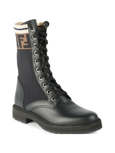 Shop Fendi Women's Rockoko Leather & Knit Combat Boots In Black