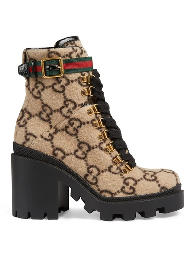 Shop Gucci Women's Trip Gg Wool Combat Boots In Beige