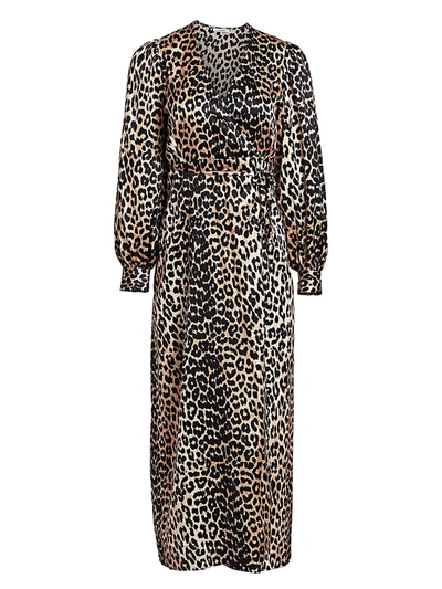 Shop Ganni Stretch Silk Satin Leopard Wrap Dress