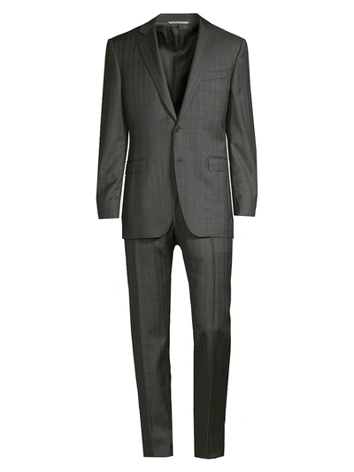 Shop Canali Men's Modern-fit Windowpane Check Wool Suit In Grey Brown