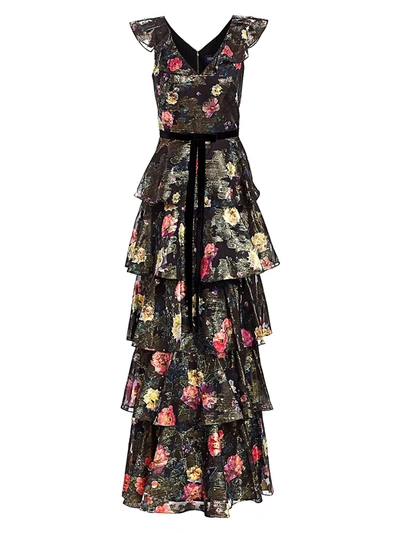 Shop Marchesa Notte Women's Metallic Floral Printed Tiered A-line Gown In Black