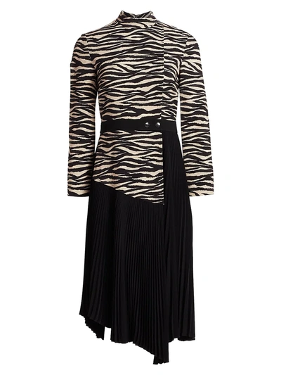 Shop A.l.c Peyton Tiger-print Paneled & Pleated Dress In Black Beige