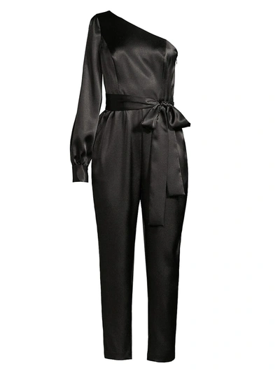 Shop Aidan Mattox Women's One-shoulder Satin Tie-waist Jumpsuit In Black