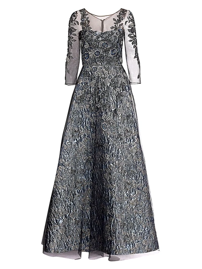 Shop Theia Floral Beaded Illusion Gown In Slate Silver