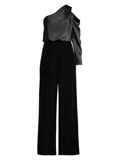 Shop Aidan Mattox Women's Draped Asymmetric Mixed-media Jumpsuit In Black