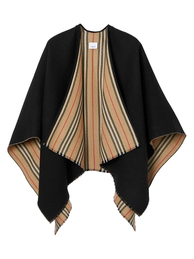 Shop Burberry Women's Icon Stripe To Solid Wool Cape In Black