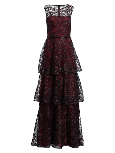 Shop Theia Embroidered Tiered Ruffle Gown In Garnet