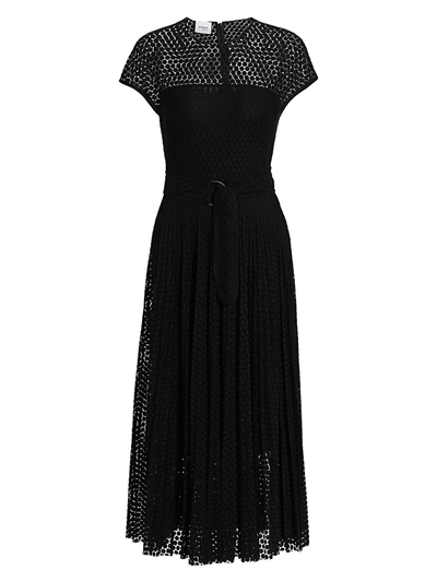 Shop Akris Punto Dot Lace Belted Cap-sleeve Silk-trim A-line Dress In Black