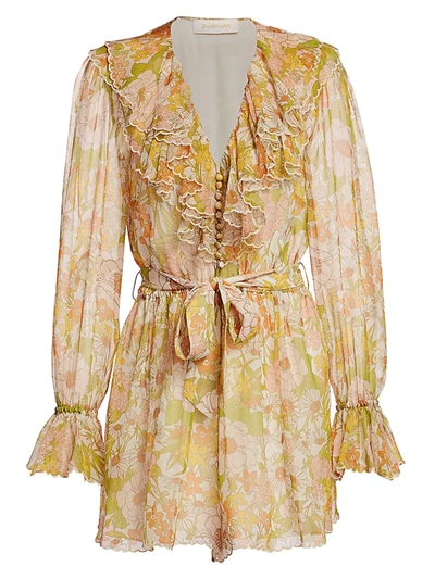 Shop Zimmermann Super 8 Scalloped Floral Silk Romper In Pink Meadow