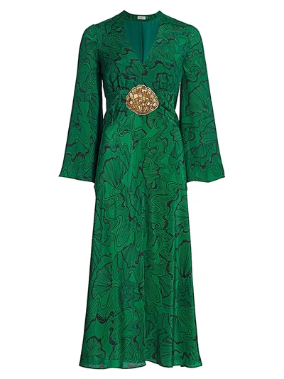 Shop Rixo London Women's Indra Shell-print Silk Midi Dress In Psychedelic Shell Green Black