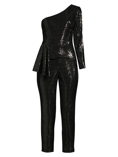 Shop Aidan Mattox Women's Sequin Peplum Jumpsuit In Black