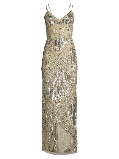 Shop Aidan Mattox Beaded Sleeveless Slit Slip Gown In Light Gold