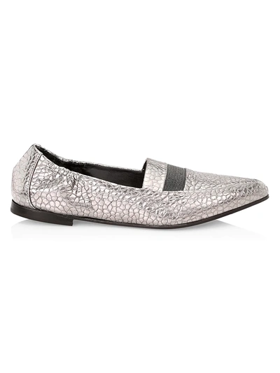 Shop Brunello Cucinelli Women's Monili-trimmed Croc-embossed Metallic Leather Loafers In Silver
