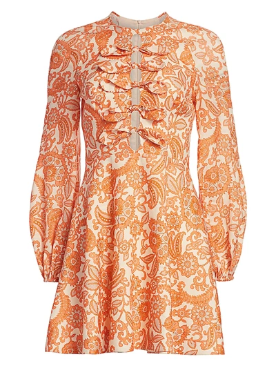 Shop Zimmermann Peggy Scalloped Mini Dress In Orange Paisley