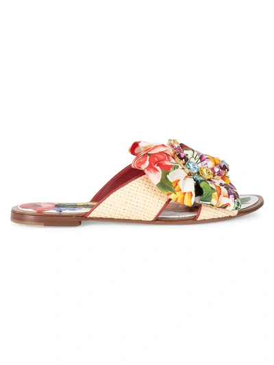 Shop Dolce & Gabbana Women's Embellished Floral-print & Raffia Flat Sandals In Neutral