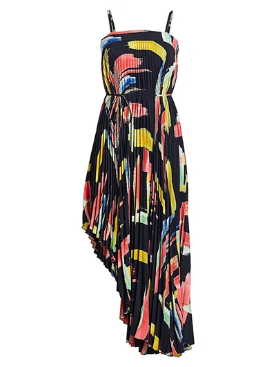 Shop Milly Women's Modern Brushstroke Print Asymmetrical Pleated Midi Dress In Neutral