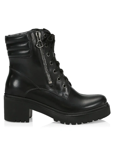 Shop Moncler Viviane Block-heel Leather Combat Boots In Black