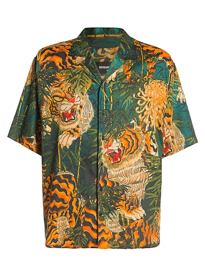 Shop Dsquared2 Men's Tiger Flower Sport Shirt In Green Orange