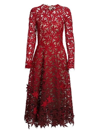 Shop Oscar De La Renta Women's Embroidered Lace Eyelet Leaf Long-sleeve A-line Dress In Merlot