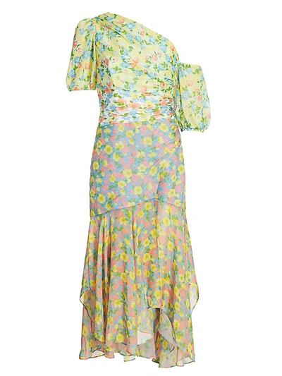 Shop Amur Jaylah One-shoulder Silk Combo Midi Dress In Combo Anemone Floral
