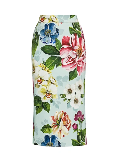 Shop Dolce & Gabbana Floral-print Cady Pencil Skirt In Aqua Green