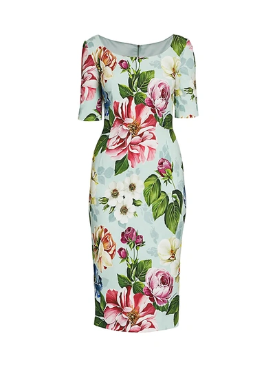 Shop Dolce & Gabbana Cady Floral-print Sheath Dress In Aqua Green