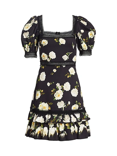 Shop Alice And Olivia Women's Wylie Floral Puff-sleeve A-line Dress In Spring Shower Black
