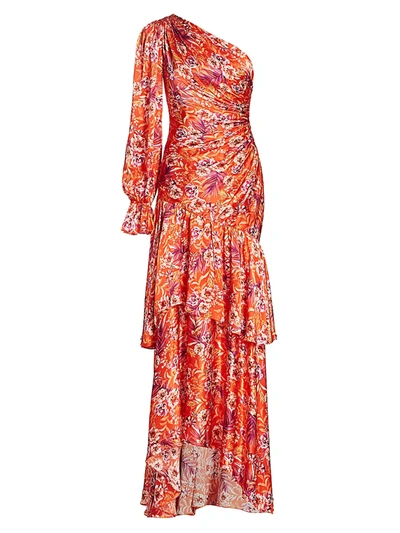 Shop Amur Isabella Off-shoulder Fitted Silk Gown In Flame Floral