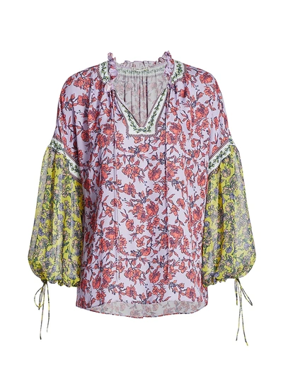 Shop Alice And Olivia Julius Floral Peasant Blouse In Ditsy Border Lavender Multi