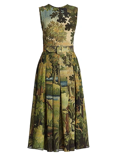 Shop Oscar De La Renta Women's Landscape-print Silk Pleated Sleeveless Belted Midi Dress In Hunter Multi