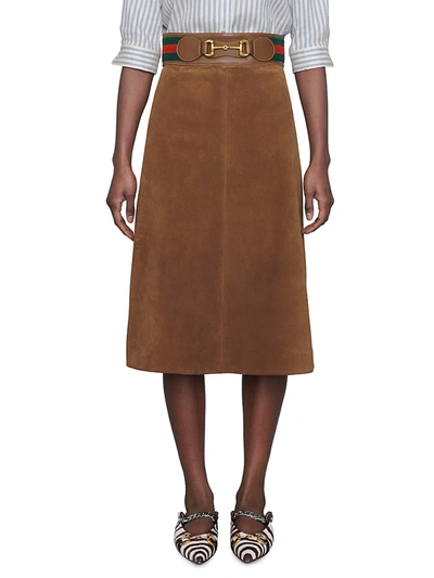 Shop Gucci Women's Suede Skirt With Web & Horsebit In Cigar Green Mix