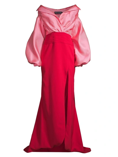 Shop Brandon Maxwell Off-the-shoulder Satin Gazaar Two-tone Gown In Pink Red
