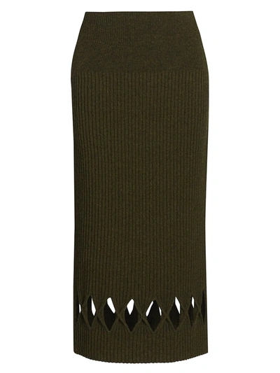 Shop Victoria Beckham Ribbed Wool-blend Diamond Cutout Pencil Skirt In Khaki