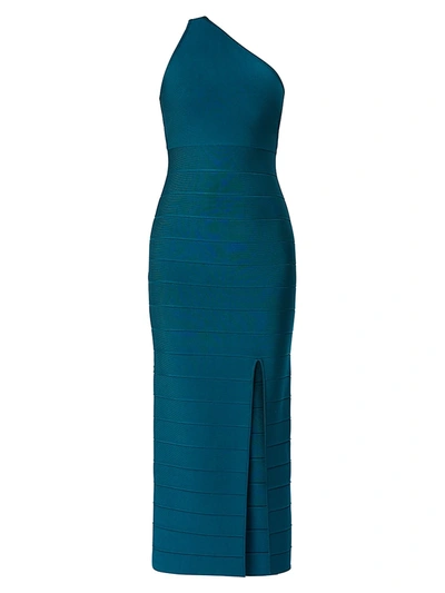 Shop Herve Leger Icon Asymmetric One-shoulder Midi Gown In Teal