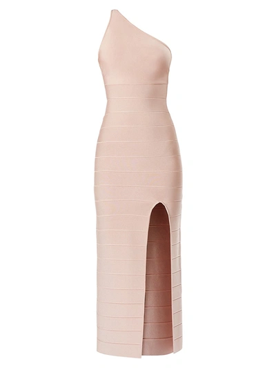 Shop Herve Leger Icon Asymmetric One-shoulder Midi Gown In Nude