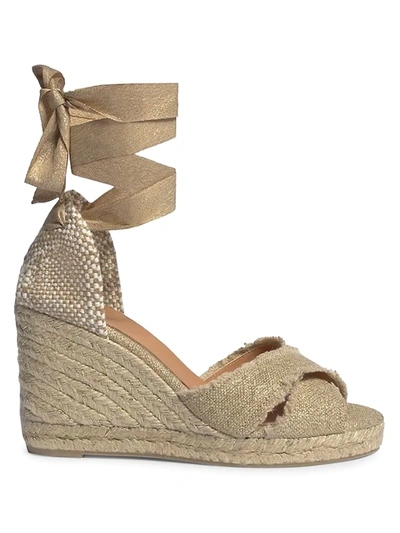 Shop Castaã±er Women's Bluma 80mm Linen Espadrille Wedge Sandals In Oro Claro