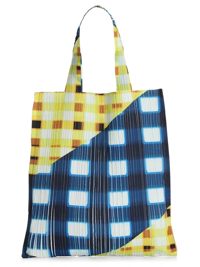 Shop Issey Miyake Trek Check Print Tote In Navy Yellow