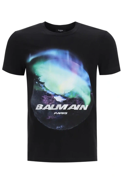Shop Balmain Printed T-shirt In Black,blue,yellow