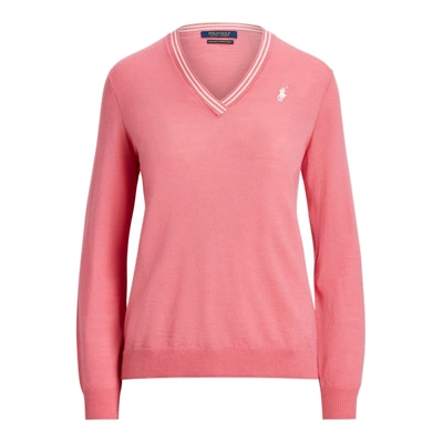 Shop Ralph Lauren Merino Wool V-neck Golf Sweater In Antique Rose/pure White