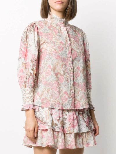 Shop Loveshackfancy Floral-print High-neck Blouse In Pink