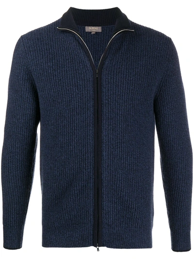 Shop N•peal Ribbed Zip-up Cashmere Cardigan In Blue