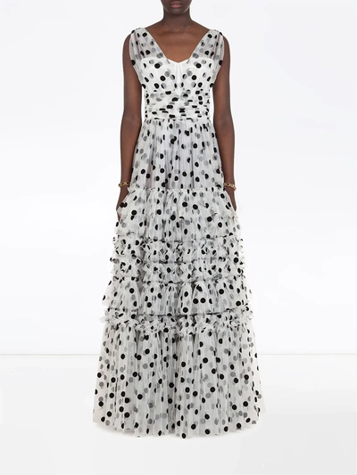 Dolce & Gabbana Long Dress In Flocked Polka-dot Print Tulle In White