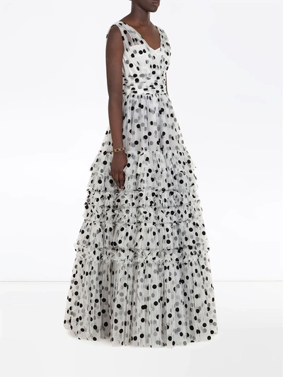 Dolce & Gabbana Long Dress In Flocked Polka-dot Print Tulle In White