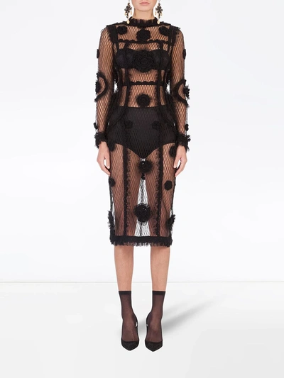 Dolce & Gabbana Floral-embroidered Mesh Sheath Dress In Black